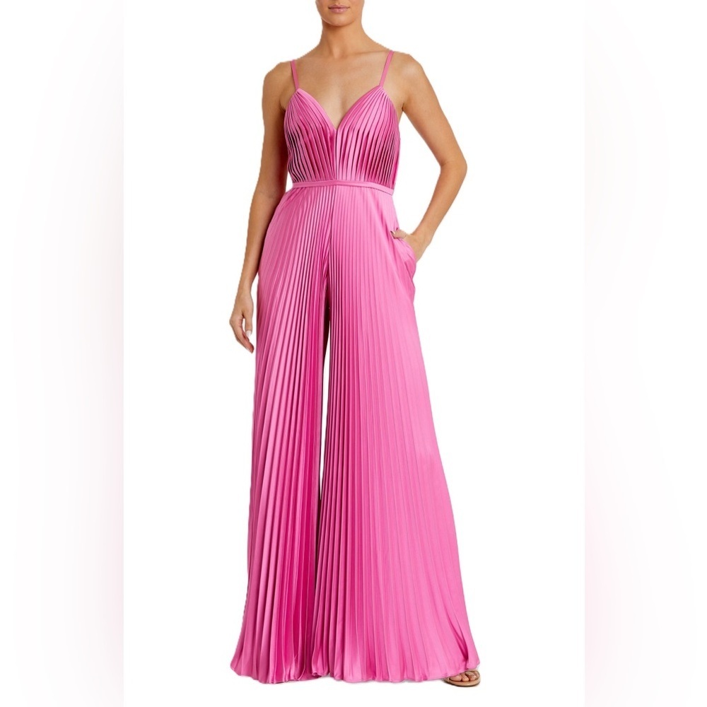 IEENA for Mac Duggal Pink Pleated Plunge Neck Wide Leg Jumpsuit - Picture 1 of 7